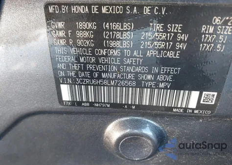 2020 Honda Hr-V Awd Ex из США, поврежденный, VIN 3CZRU6H58LM726568